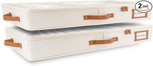 HOMELUX THEORY 2pc Low Profile Under Bed Storage Containers, Thin Under Couch Storage Organizer with Bins & Lids, Underbed Storage Box Ideal for Seasonal Clothes, Blankets, Fabric & Shoes (Ivory)-NeatNest