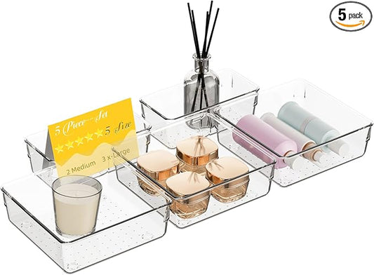 5 PCS Clear Plastic Drawer Organizer Set, 2 Sizes Acrylic Drawer Storage Trays Non Slip Storage Bins for Makeup, Jewelry, Gadgets for Kitchen, Bedroom, Bathroom, Office-NeatNest