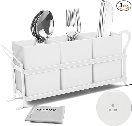 Cutlery Holder with Drain Holes, Silverware Caddy for Party, kitchen counter, 3pcs Bins Set Countertop Utensil Holder for Spoons, Forks and Knives, White-NeatNest