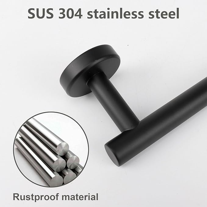 TocTen Bath Towel Bar - Thicken SUS304 Stainless Steel Bathroom Towel Holder, Towel Rod for Bathroom Heavy Duty Wall Mounted Towel Rack Hanger (16IN, Black)