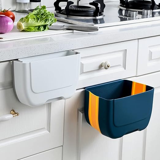 Hanging Folding Mini Trash Can for Kitchen Cabinet Door, Small Collapsible Garbage Bin Under Sink,Wall Mounted Folding Waste Bin- Mini Garbage Container for Cabinet/Bedroom/Bathroom 3L (Blue Yellow)-NeatNest