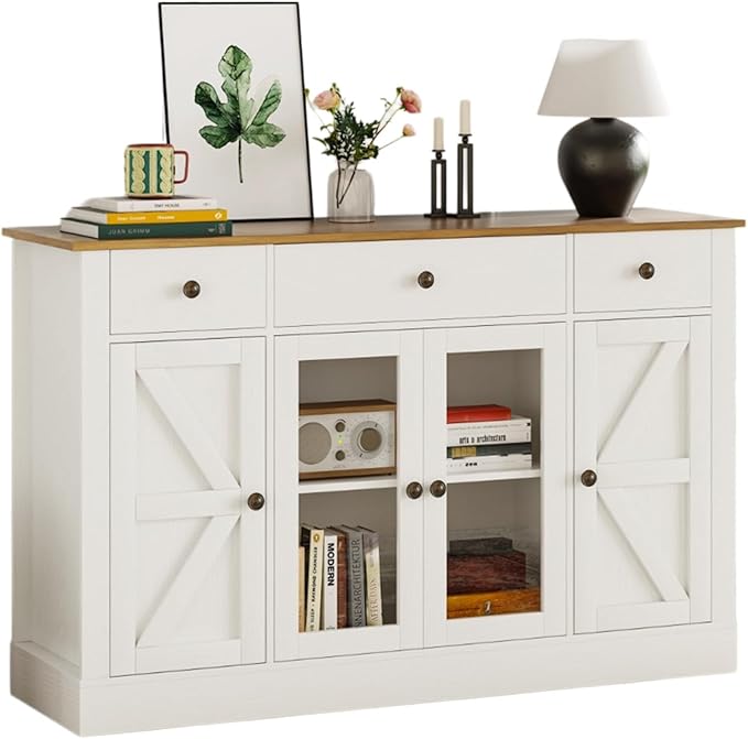 4 EVER WINNER Buffet Cabinet with Storage, 55" Farmhouse Sideboard Buffet Cabinets with Drawers and Glass Doors, Coffee Bar Cabinet for Kitchen, Living Room, White-NeatNest