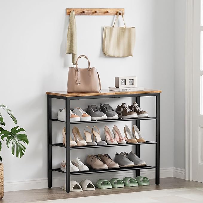 Shoe Rack, 4-Tier Shoe Storage Organizer with 3 Metal Mesh Shelves for 12-16 Pairs, Free Standing Shoe Racks, for Entryway, Hallway, Closet, Dorm Room, Industrial, Rustic Brown-NeatNest