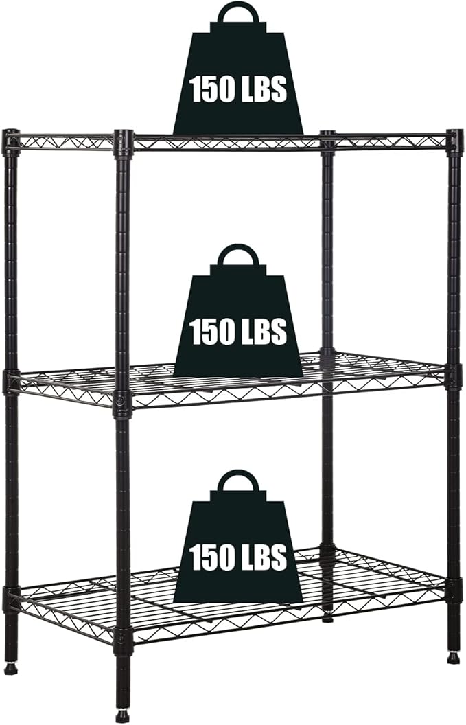 3-Tier Storage Shelves Adjustable, MGHH Wire Shelving Heavy Duty Storage Rack(150 Lbs Loading Capacity/ Shelf) Metal Shelf Organizer for Pantry Garage Kitchen 23"D x12"W x 30"H -Black-NeatNest