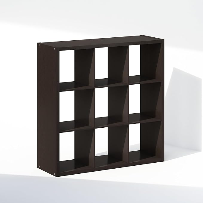 Furinno Cubic Open Back Multipurpose Clothing & Closet Storage Organizer Shelf, 9-Cube, Black Dark Oak