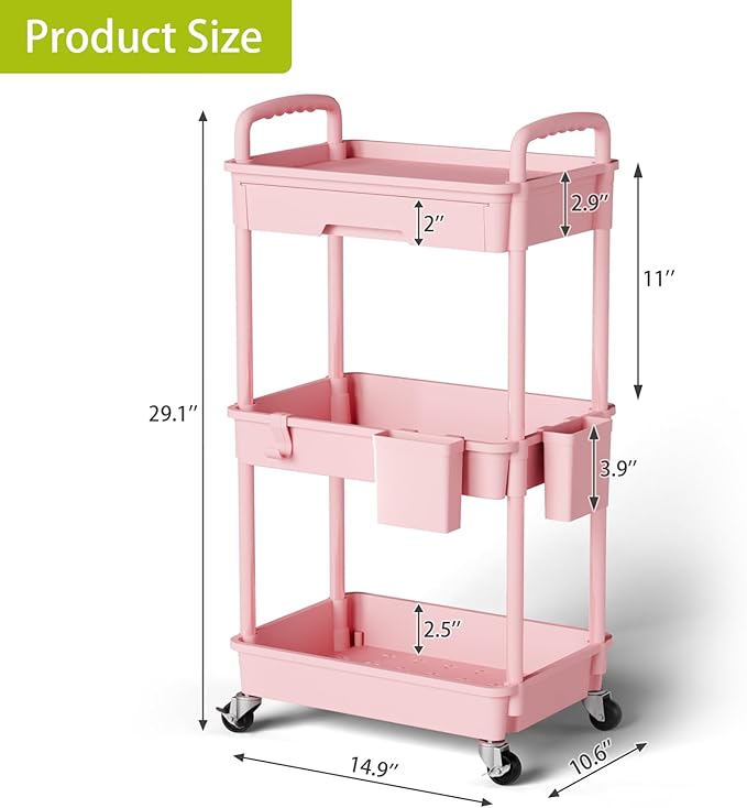 3 Tier Rolling Cart Organizer,Laundry Room Bathroom Organizers and Storage Office Shelves Mobile Shelving Unit Kitchen Trolley Cart with Wheels for Art,Craft,Diaper,Bedside,Snack(Pink)-NeatNest