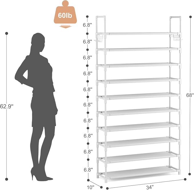 VTRIN 10 Tiers Shoe Rack Tall Large Capacity 50 Pairs Wide Shoe Organizer Sturdy Shoe Shelf for Entryway with Two Hooks Metal Shoe Storage for Closet, Bedroom, White, XJ-113-NeatNest