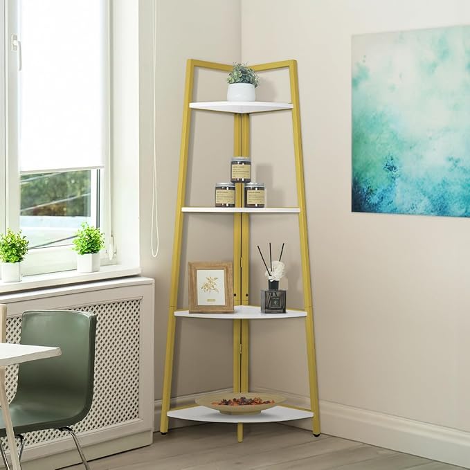 CAPHAUS Tall Corner Shelf Stand, 4-Tier Display Shelves, Ladder Corner Wood Storage Plant Bookshelf with Metal Frame, Versatile Shelving Unit Bookcase for Home Office Space, Gold-NeatNest