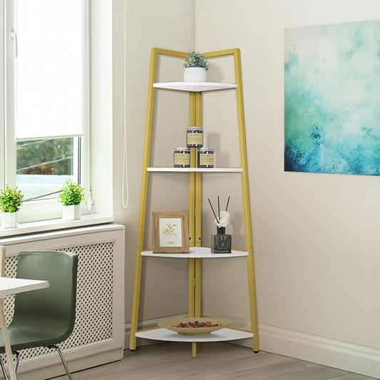 CAPHAUS Tall Corner Shelf Stand, 4-Tier Display Shelves, Ladder Corner Wood Storage Plant Bookshelf with Metal Frame, Versatile Shelving Unit Bookcase for Home Office Space, Gold-NeatNest