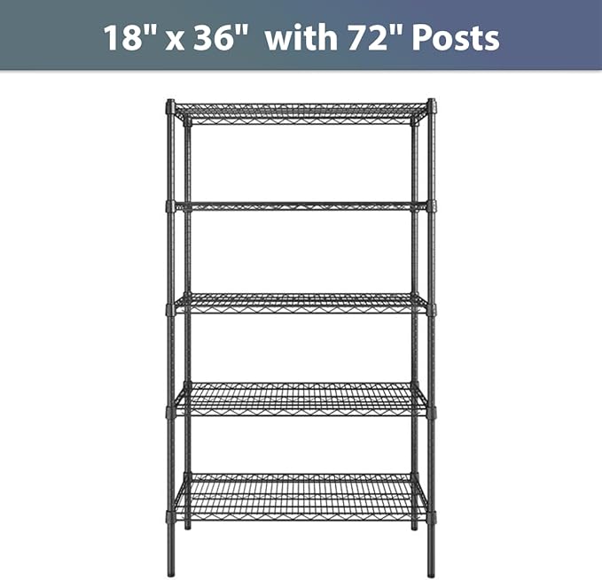 18" x 36" NSF Black Epoxy 5-Shelf Kit with 72" Posts, Commercial Storage Rack Unit, Heavy Duty Storage Shelving, Wire Shelving Kit, Adjustable Rack Strong Steel, Multipurpose Wire Shelf