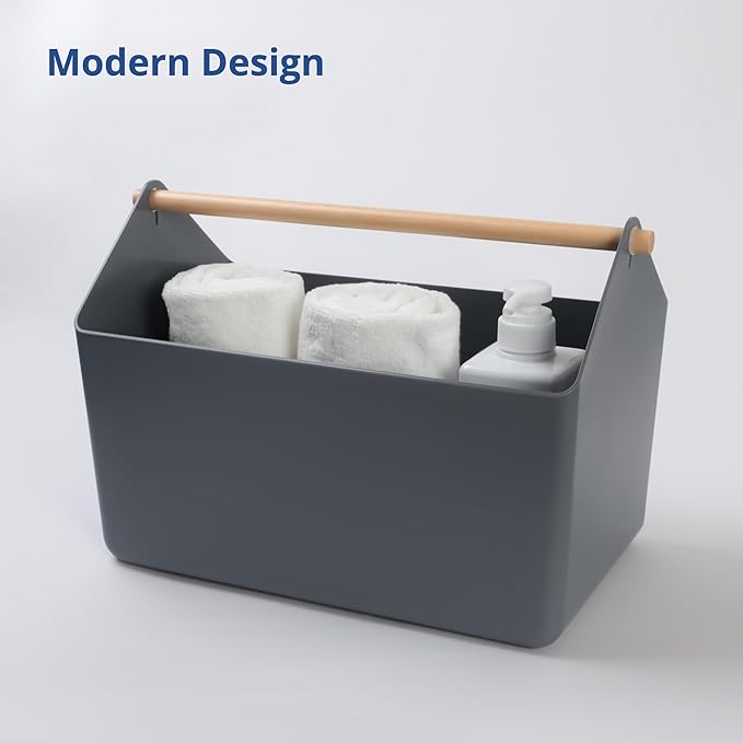 BLUE GINKGO Large Storage Basket – Plastic Caddy with Wooden Handle for Bathroom, Pantry, or Cleaning Supplies (Gray)-NeatNest