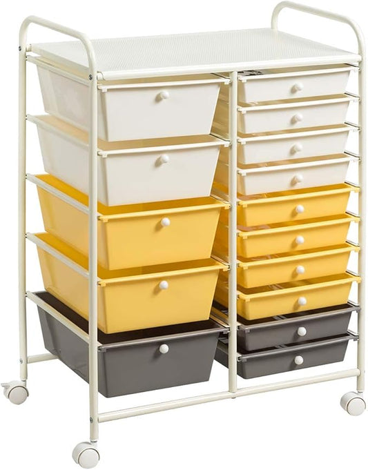 Giantex 15-Drawer Organizer Cart Office School Storage Cart Rolling Drawer Cart for Tools, Scrapbook, Paper (Yellow)