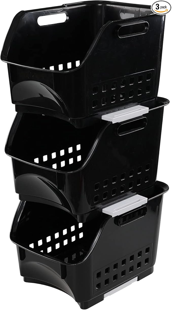 3-Pack Plastic Stacking Bins, Stackable Storage Basket, Black