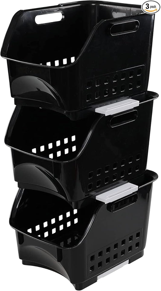 3-Pack Plastic Stacking Bins, Stackable Storage Basket, Black