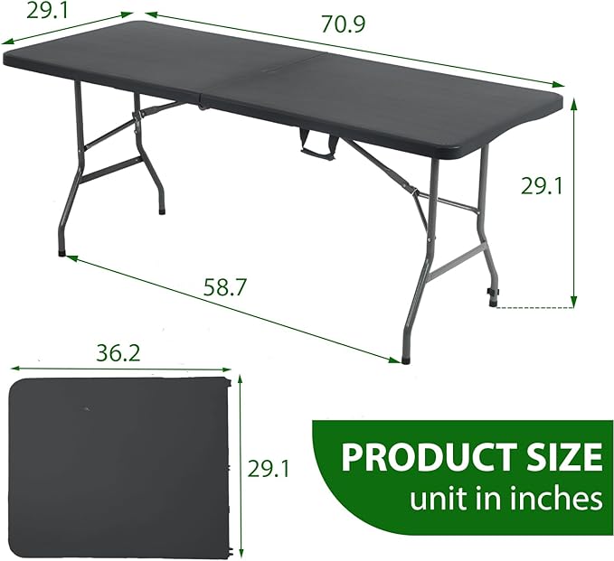 6 Foot Folding Table Small Table Multipurpose Indoor Outdoor Heavy Duty Camping Table Portable Picnic Table Fold-in-Half Utility Dining Table Lock for Picnic,Party,Camping,Black-NeatNest