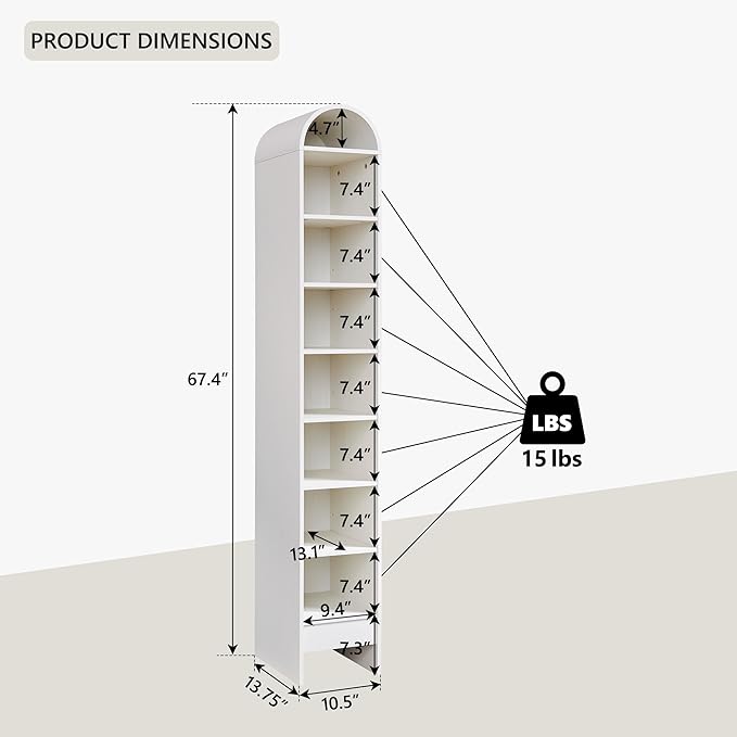 67" Tall Arched Shoe Storage Cabinet, 8 Tiers 8 Pairs Wooden Shoe Rack with 3 Adjustable Shelves, Freestanding Shoe Closet Shelf Organizer for Entryway, Hallway, Living Room (Antique White)-NeatNest