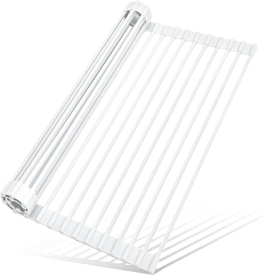 MERRYBOX Roll Up Over The Sink Dish Drying Rack Silicone Wrapped Foldable, Heat-Resistant, Anti-Slip Sink Rack Multipurpose Dish Drainer for Kitchen Sink Counter - White, 17.5" x 11"