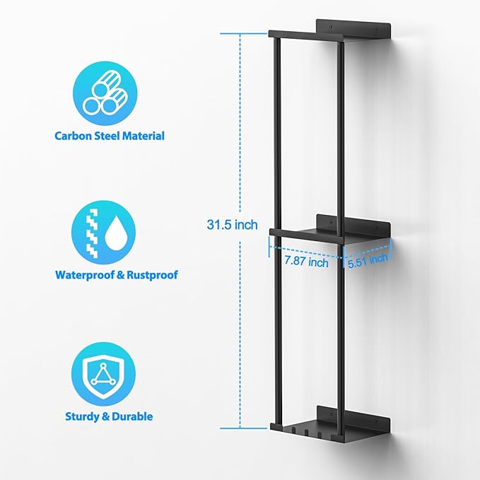 Towel Rack for Bathroom, Wall Mounted Vertical Rolled Towel Storage Organizer Holder with Shelf, Holds Up 6 Large Bath Sheets, Black