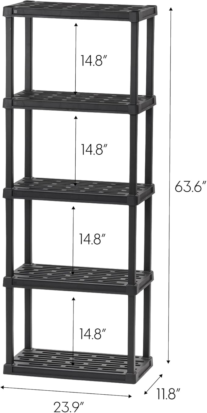 IRIS USA 5-Shelf Light Duty Plastic Storage Shelves, 250lb Capacity, 64"H x 24"W x 12"D, Medium Modular Shelving Unit Storage Organizer for Bathroom, Laundry, Garage & Home, Storage Rack - Black