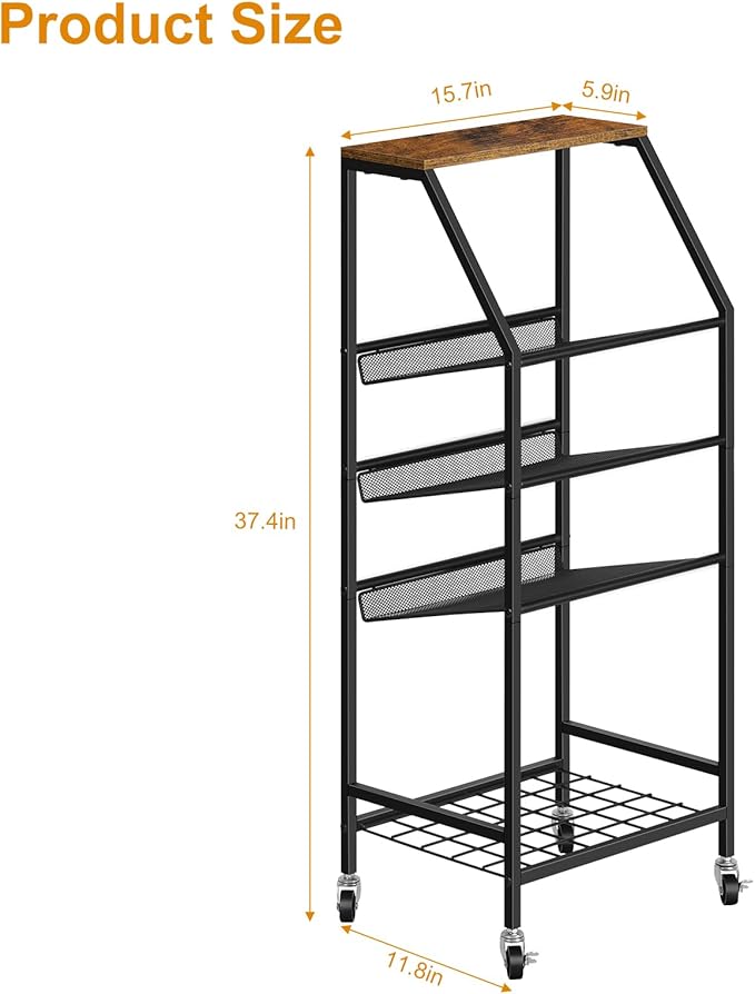 Bathroom Towel Stand Freestanding 5 Tier Metal Utility Rolling Cart with Storage for Home Kitchen Living Room Office, Rustic Brown
