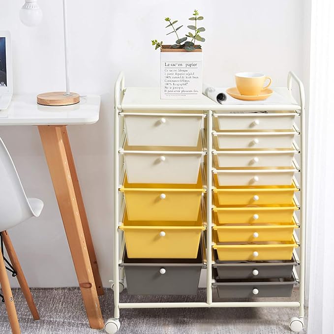 Giantex 15-Drawer Organizer Cart Office School Storage Cart Rolling Drawer Cart for Tools, Scrapbook, Paper (Yellow)