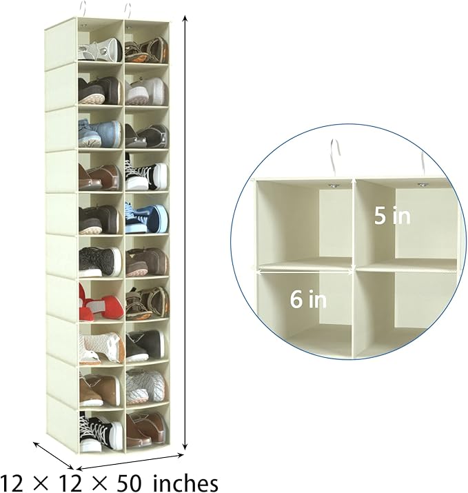 coastal rose Hanging Shoe Organizer for Closet, 20 Sections Hanging Closet Organizers and Storage Shelves, Space Saving Shoe Storage Rack Holder, Beige, 12''W×12''Dx 50''H-NeatNest