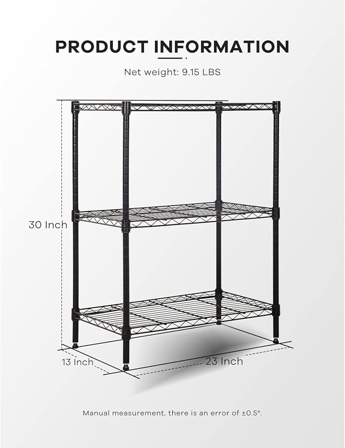 3-Tier Storage Shelves Adjustable, MGHH Wire Shelving Heavy Duty Storage Rack(150 Lbs Loading Capacity/ Shelf) Metal Shelf Organizer for Pantry Garage Kitchen 23"D x12"W x 30"H -Black-NeatNest