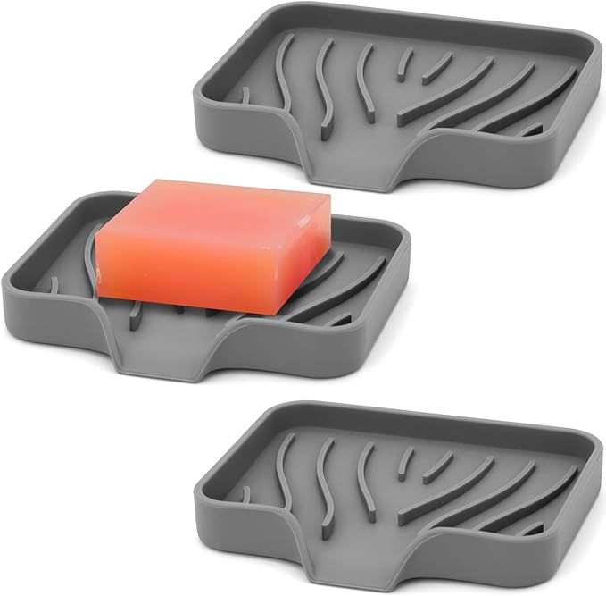 3-Pack Silicone Soap Dish Bar Soap Holder, Self Draining Soap Tray for Shower, Bathroom, Kitchen, Bathtub (Grey)-NeatNest