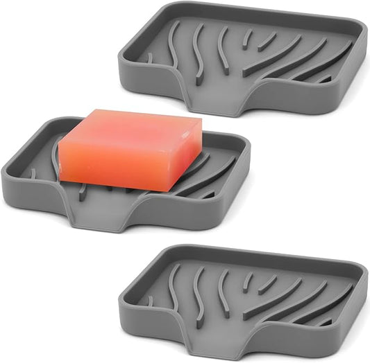 3-Pack Silicone Soap Dish Bar Soap Holder, Self Draining Soap Tray for Shower, Bathroom, Kitchen, Bathtub (Grey)-NeatNest