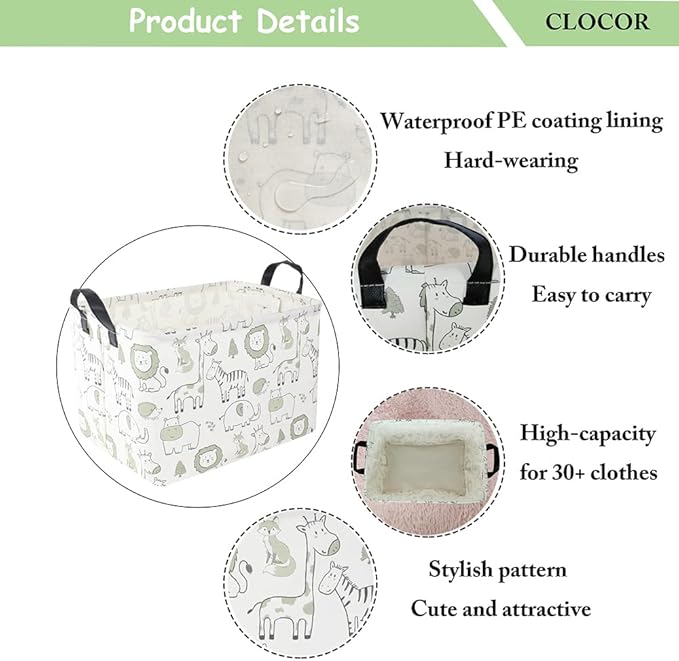 CLOCOR Rectangular Large Storage Basket,Collapsible Cute Pattern Storage Bin,Waterproof Storage Box with Handles,Gift Basket Empty,Room Decor(Green Animals)-NeatNest