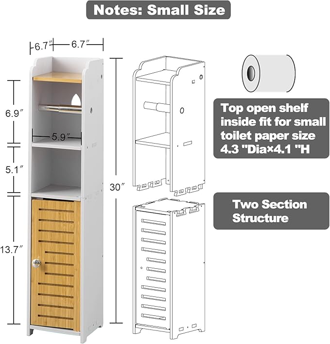 AOJEZOR Toilet Paper Holder Stand: Small Bathroom Cabinet Storage for Apartment Dwellers - Toilet Paper Storage - White/Bamboo-NeatNest