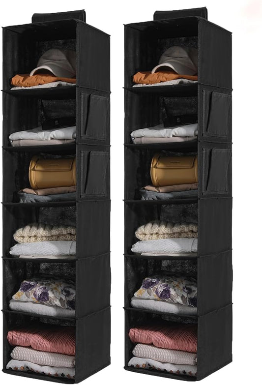 2 Packs Hanging Closet Organizer Storage, 6-Shelf Hanging Shelves for Closet, Closet Clothes Organizer and Storage with Side Pockets, Black-NeatNest