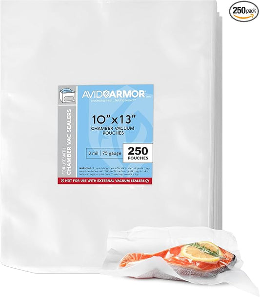 Avid Armor Chamber Vacuum Sealer Bags – Heavy Duty, BPA-Free, Pre-Cut Chamber Vacuum Bags for Food Preservation, Freezer Storage, Sous Vide and more, 250/Pack (10x13) – Multi-Use Vacuum Bags