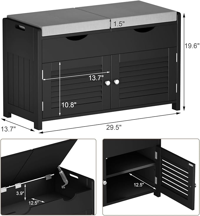 ChooChoo Shoe Storage Bench with Lift Top Storage, Entryway Bench with 2 Cushioned Seats, 3 Compartments, Adjustable Shelf, Shoe Cabinet for Entryway, Bedroom, Living Room, Black-NeatNest