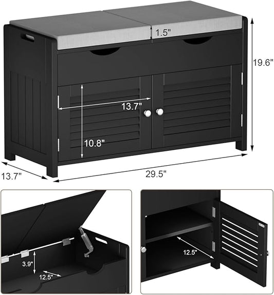 ChooChoo Shoe Storage Bench with Lift Top Storage, Entryway Bench with 2 Cushioned Seats, 3 Compartments, Adjustable Shelf, Shoe Cabinet for Entryway, Bedroom, Living Room, Black-NeatNest
