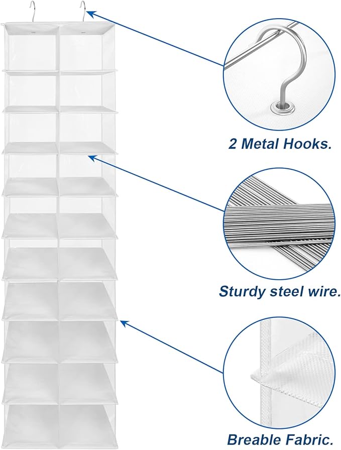 coastal rose Hanging Shoe Organizer for Closet, 20 Sections Hanging Closet Organizers and Storage Shelves, Space Saving Shoe Storage Rack Holder, Transparent White, 12''W×12''Dx 50''H-NeatNest