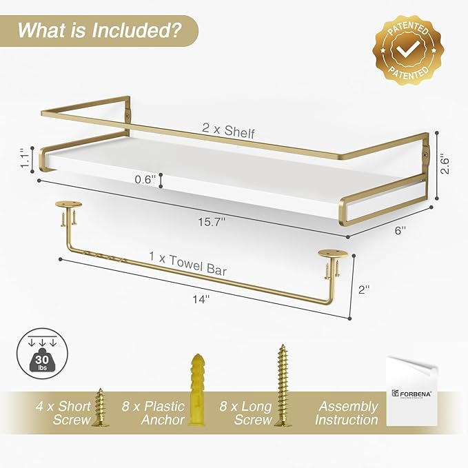 Forbena Floating Bathroom Shelves Wall Mounted, Aesthetic White and Gold Shelves for Bathroom Accessories, Modern Bathroom Organizer with Tower Bar for Wall Decor Storage Small Spaces, Set of 2-NeatNest