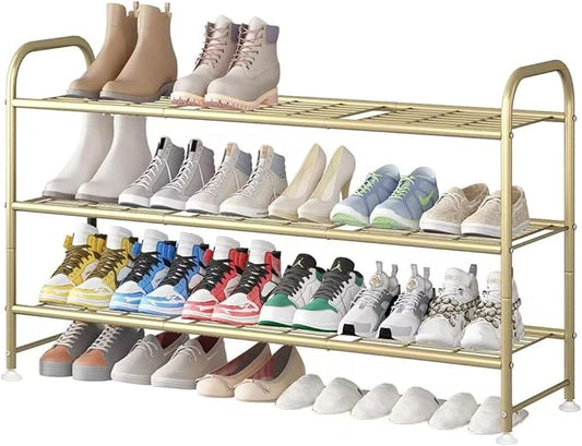 LINZINAR Shoe Rack Long 3 Tier Shoe Storage Organizer Metal Wide Shoe Shelf for Closet Entryway Bedroom 24 Paris Large Capacity, Gold-NeatNest