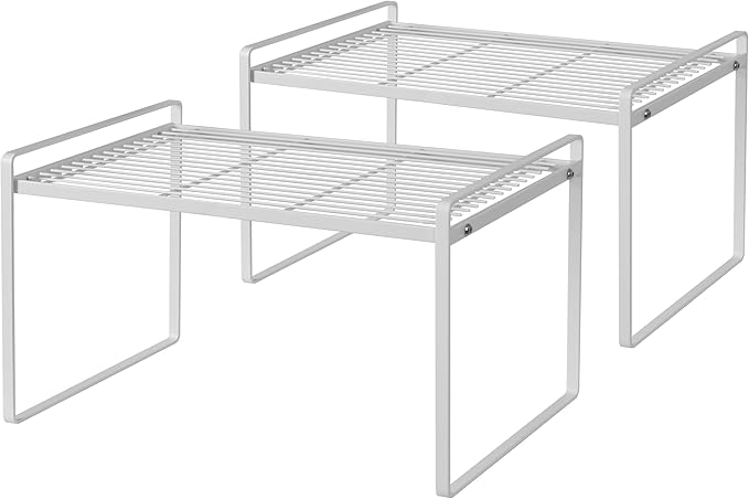 2Pack Kitchen Cabinet Shelf Counter Organizer Rack Pantry Storage Bathroom Bedroom Office Table Desk Space Saving Stackable Rust Resistant Non Slip White Tall Wide L16.1in W10.6in H9.5in-NeatNest
