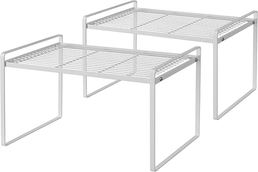 2Pack Kitchen Cabinet Shelf Counter Organizer Rack Pantry Storage Bathroom Bedroom Office Table Desk Space Saving Stackable Rust Resistant Non Slip White Tall Wide L16.1in W10.6in H9.5in-NeatNest