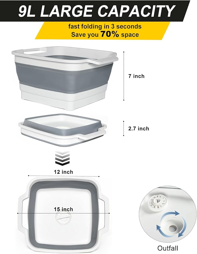 Collapsible Wash Basin with Drain Plug 9L (2.4Gal), Dishpan for Washing Dishes Basin,Collapsible Dish Tub Portable Sink for Kitchen Sink, Camping RV Washing Tub(Gray)-NeatNest