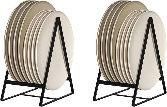 2 Pack Triangle Plate Holders Organizers Large Upright Cabinet Dish Drying Racks Metal Plate Dish Organizers Racks Stands for Countertop and Cupboard Black