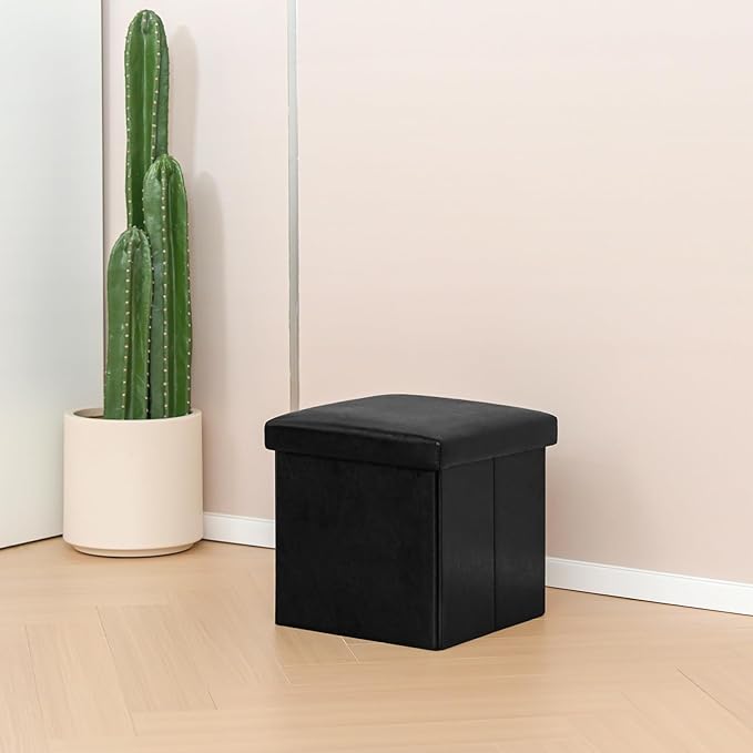 B FSOBEIIALEO Folding Storage Ottoman Cube with Faux Leather for Living Room, Bedroom, Home Office, Dorm Storage Footrest Black 11.8"x11.8"x11.8"