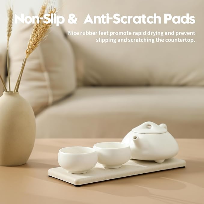 2PCS Bathroom Sink Vanity Trays, Water Absorbing Diatomite Stone Quick Drying Mat for Kitchen Counter,Faucet Splash Guard Dish Rack Soap Dispenser Sponge Holder Caddy Organizer,Beige, 9"x3.5"-NeatNest