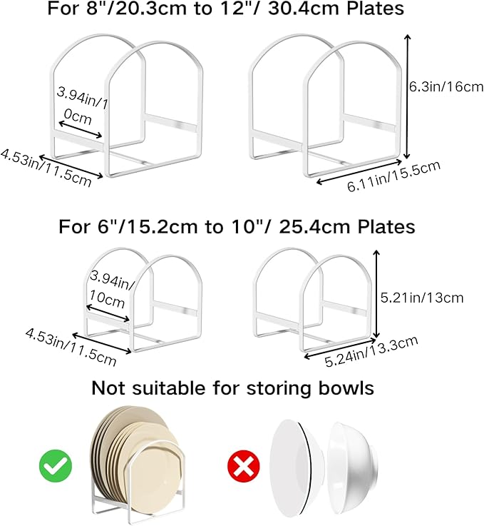 4 Pack Kitchen Plate Holder Organizer for Cabinet Space Saver Dinner Dish Storage Rack Upright Dish Drying Racks Metal Plate Dish Racks Stand for Cupboard and Countertop 2 Large 2 Small White