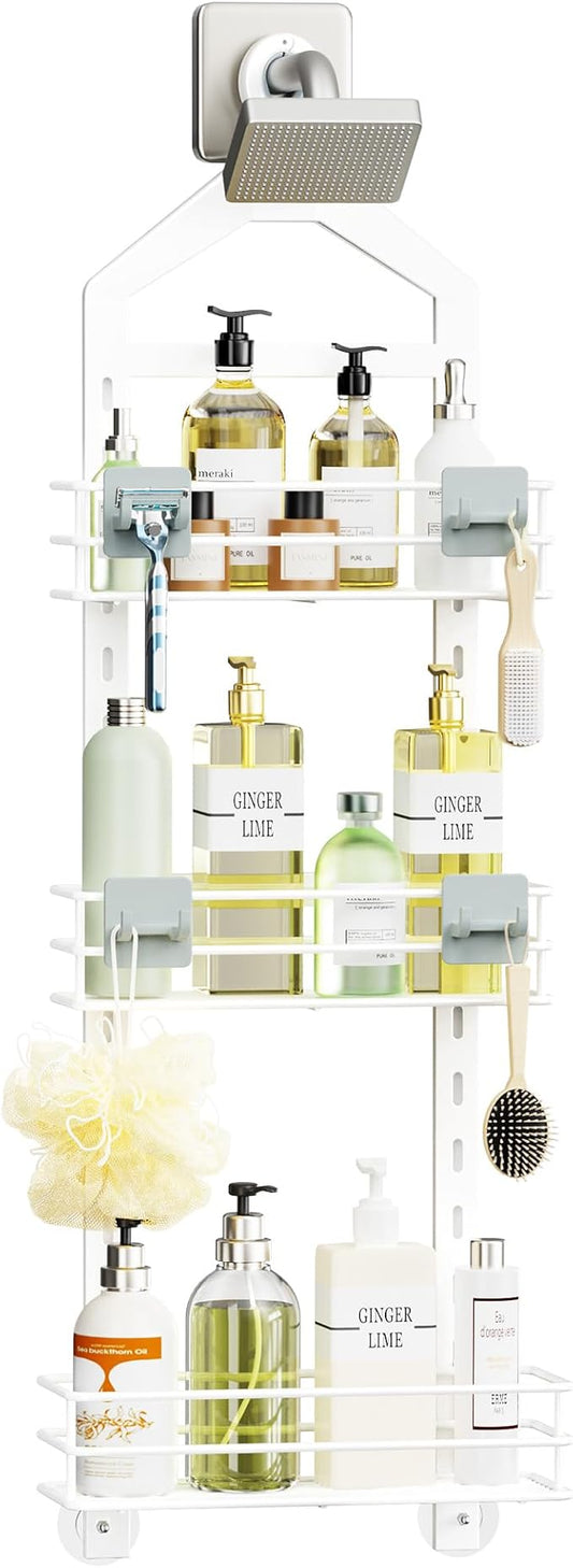 Orimade Adjustable Anti-slip Shower Caddy Over Head, Rustproof Bathroom Hanging Organizer with 2 Hooks, No Drilling Shower Shelves Storage Rack 3 Tier, White