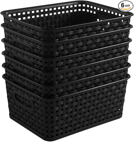 Black Plastic Woven Storage Baskets, 6-Pack Weave Basket Organizer for Kitchen Office Bathroom-NeatNest
