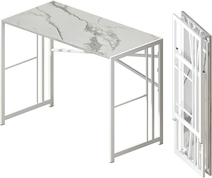 Folding Computer Desk 40 inch Writing Gaming Computer Camping Desk, No Assembly Required Home Office Table, White Marble-NeatNest