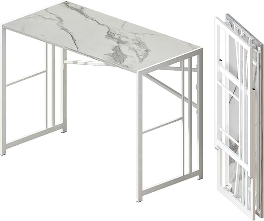 Folding Computer Desk 40 inch Writing Gaming Computer Camping Desk, No Assembly Required Home Office Table, White Marble-NeatNest