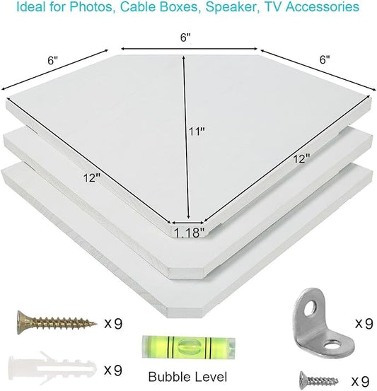 Corner Wall Shelves, Wood Corner Floating Shelves with Cable Raceway, Wall Mount Storage Display for TV Accessories, Monitor, Speaker, Cable Box, Game Console (White, Diamond- 12 Inch)-NeatNest